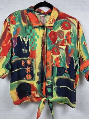 Saint Germain Paris Vintage Abstract Floral Art Shirt Medium Rayon Tie Front